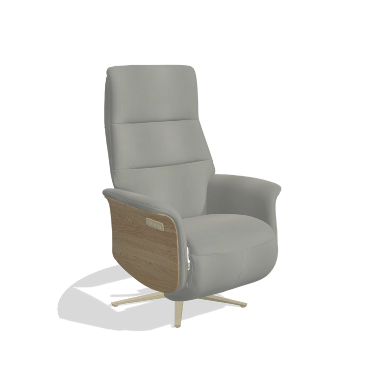 Recliner Atlas 6685 in Leather B967 (greige), natural wood side panels, champagne metal base, angled view