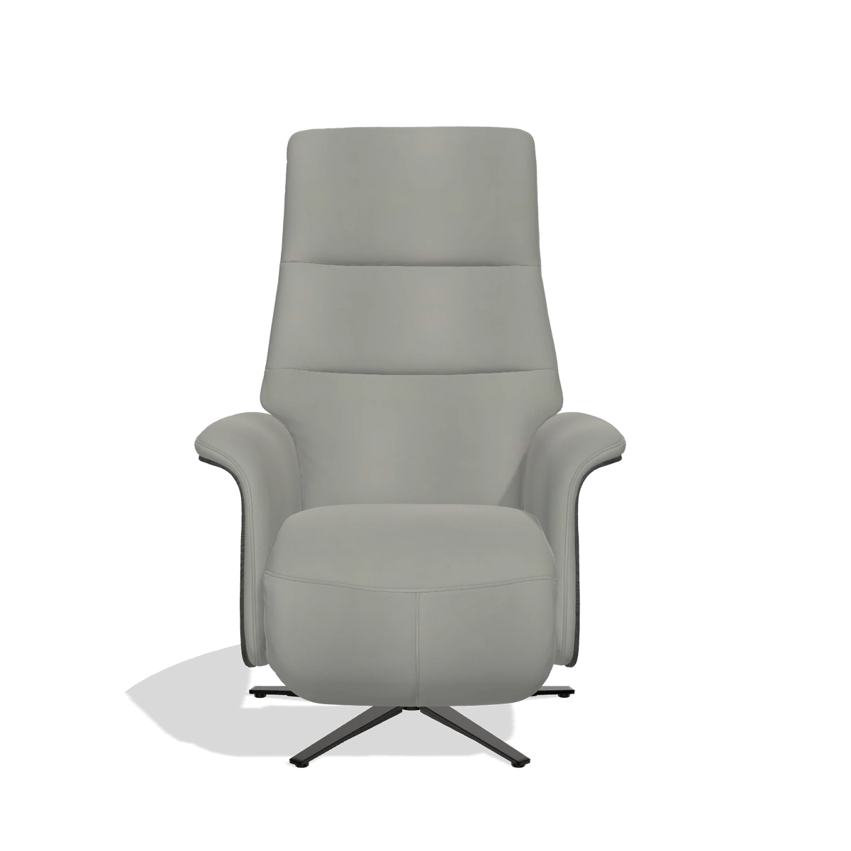 Recliner Atlas 6685 in Leather B967 (greige), tobacco wood side panels, black metal base, front view
