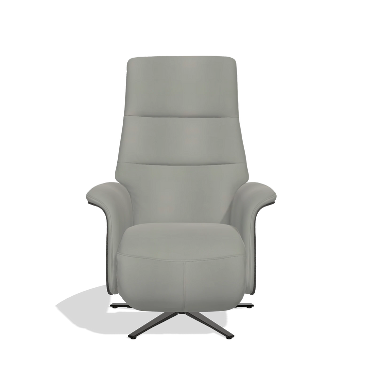 Recliner Atlas 6685 in Leather B967 (greige), tobacco wood side panels, black metal base, front view