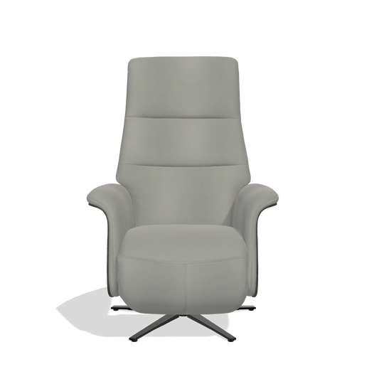 Sillón reclinable Atlas 6685 en Piel B967 (greige), paneles laterales de madera en tabaco, base metálica en negro, vista frontal