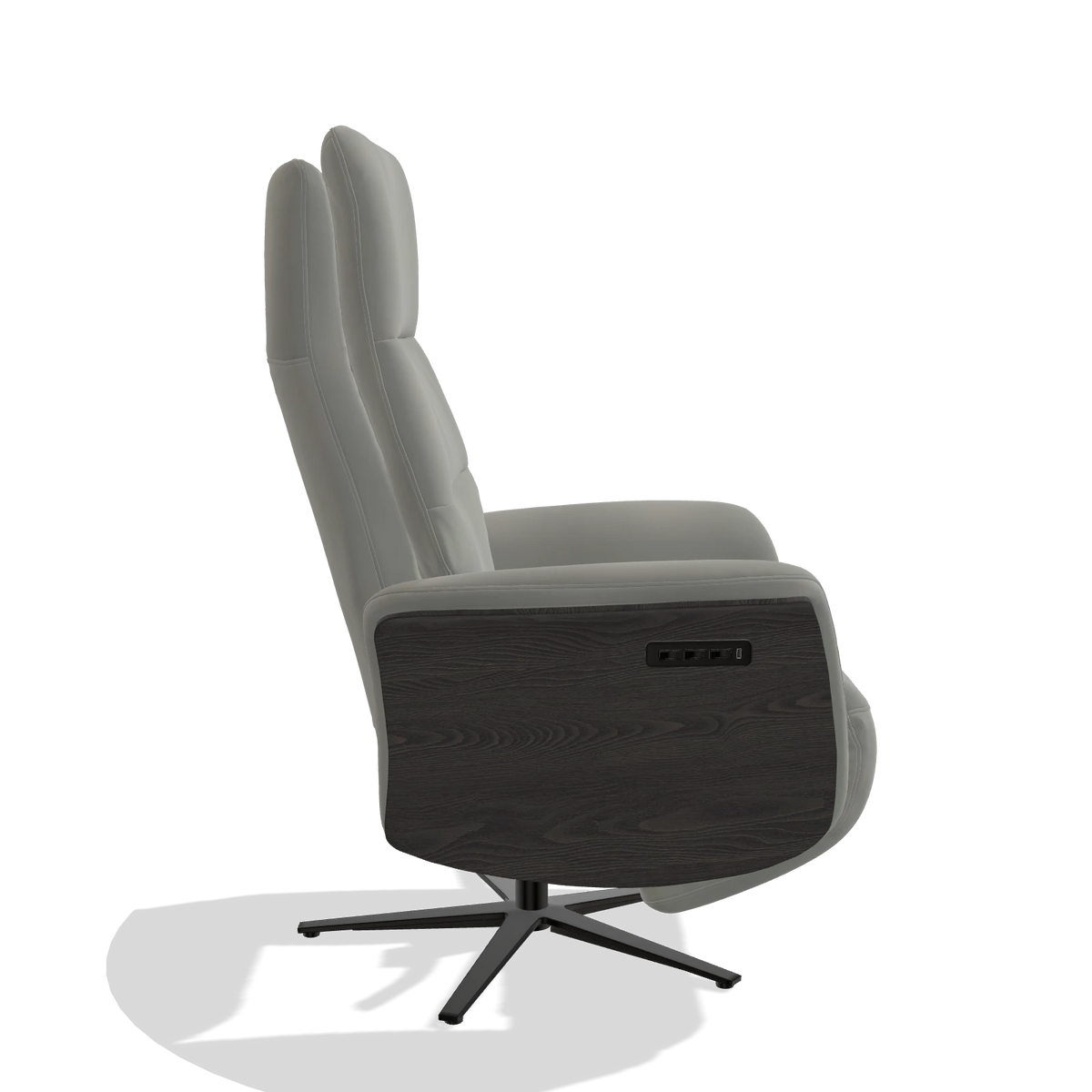 Recliner Atlas 6685 in Leather B967 (greige), tobacco wood side panels, black metal base, side view