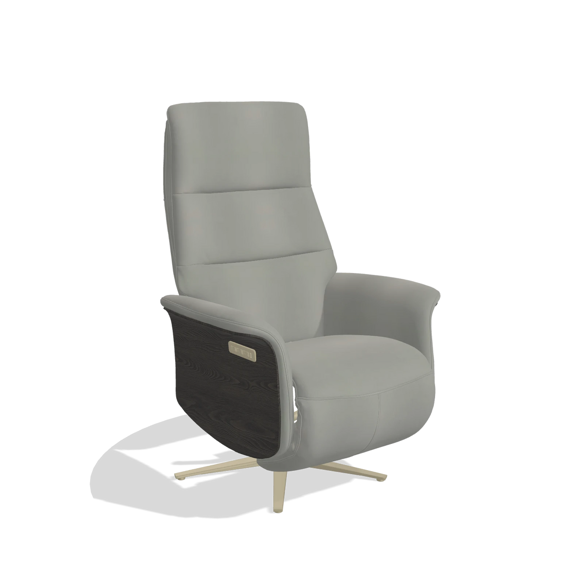 Recliner Atlas 6685 in Leather B967 (greige), tobacco wood side panels, champagne metal base, angled view