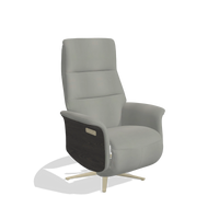 Recliner Atlas 6685 in Leather B967 (greige), tobacco wood side panels, champagne metal base, angled view