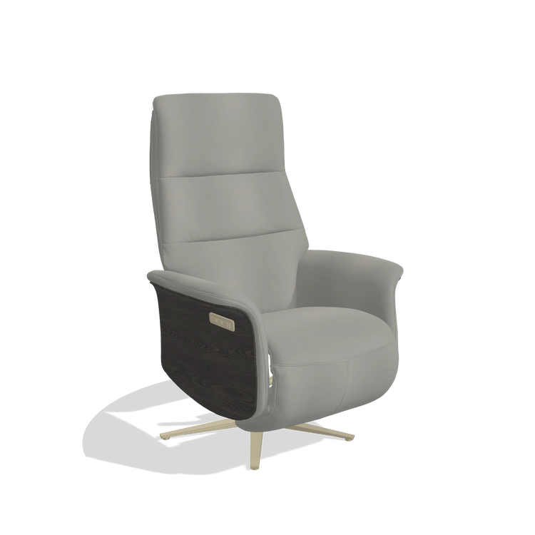 Recliner Atlas 6685 in Leather B967 (greige), tobacco wood side panels, champagne metal base, angled view