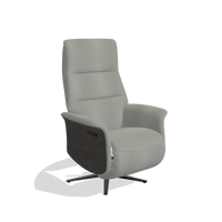 Recliner Atlas 6685 in Leather B967 (greige), tobacco wood side panels, espresso metal base, angled view