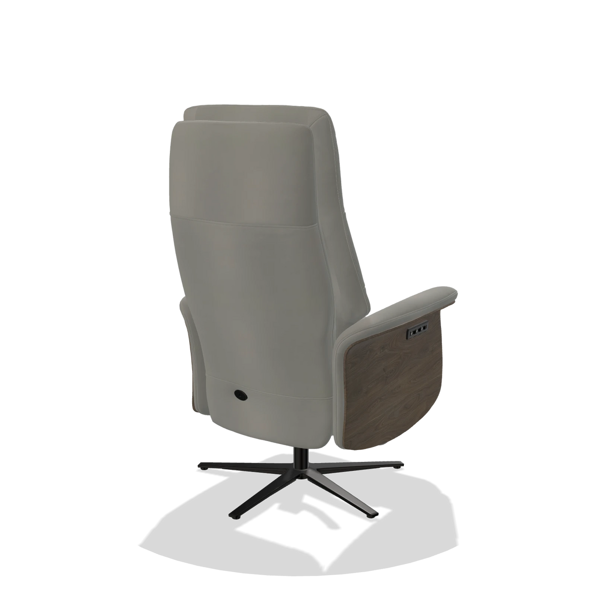Recliner Atlas 6685 in Leather B967 (greige), walnut wood side panels, black metal base, back angled view