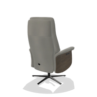 Recliner Atlas 6685 in Leather B967 (greige), walnut wood side panels, black metal base, back angled view