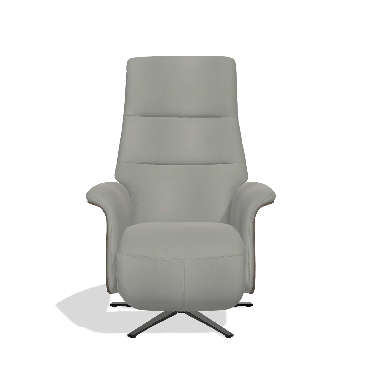 Recliner Atlas 6685 in Leather B967 (greige), walnut wood side panels, black metal base, front view