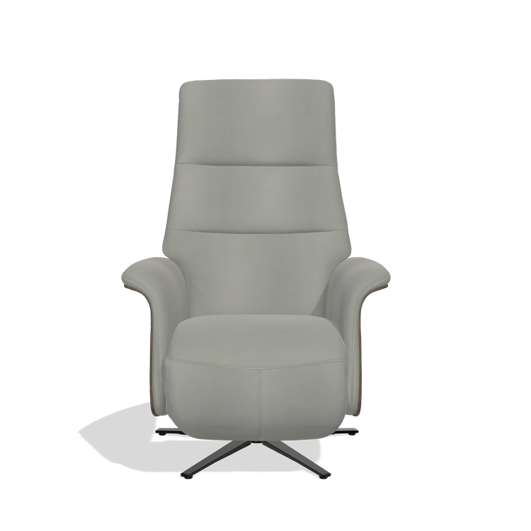 Recliner Atlas 6685 in Leather B967 (greige), walnut wood side panels, black metal base, front view