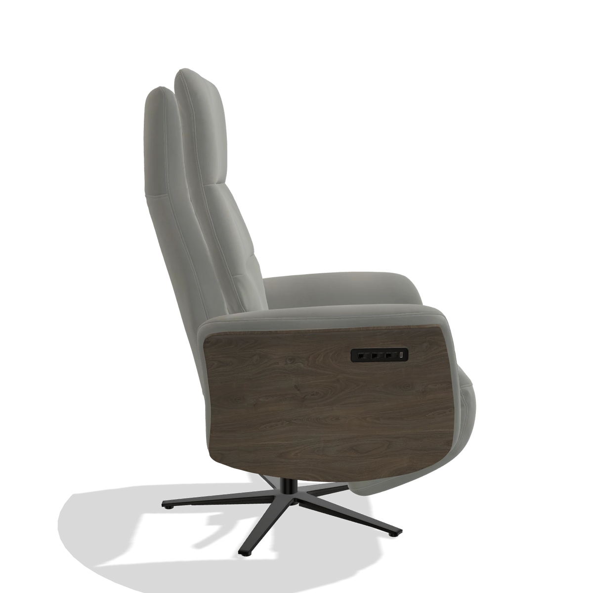 Recliner Atlas 6685 in Leather B967 (greige), walnut wood side panels, black metal base, side view