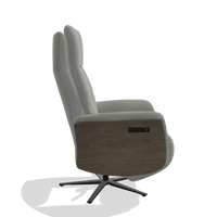 Recliner Atlas 6685 in Leather B967 (greige), walnut wood side panels, black metal base, side view