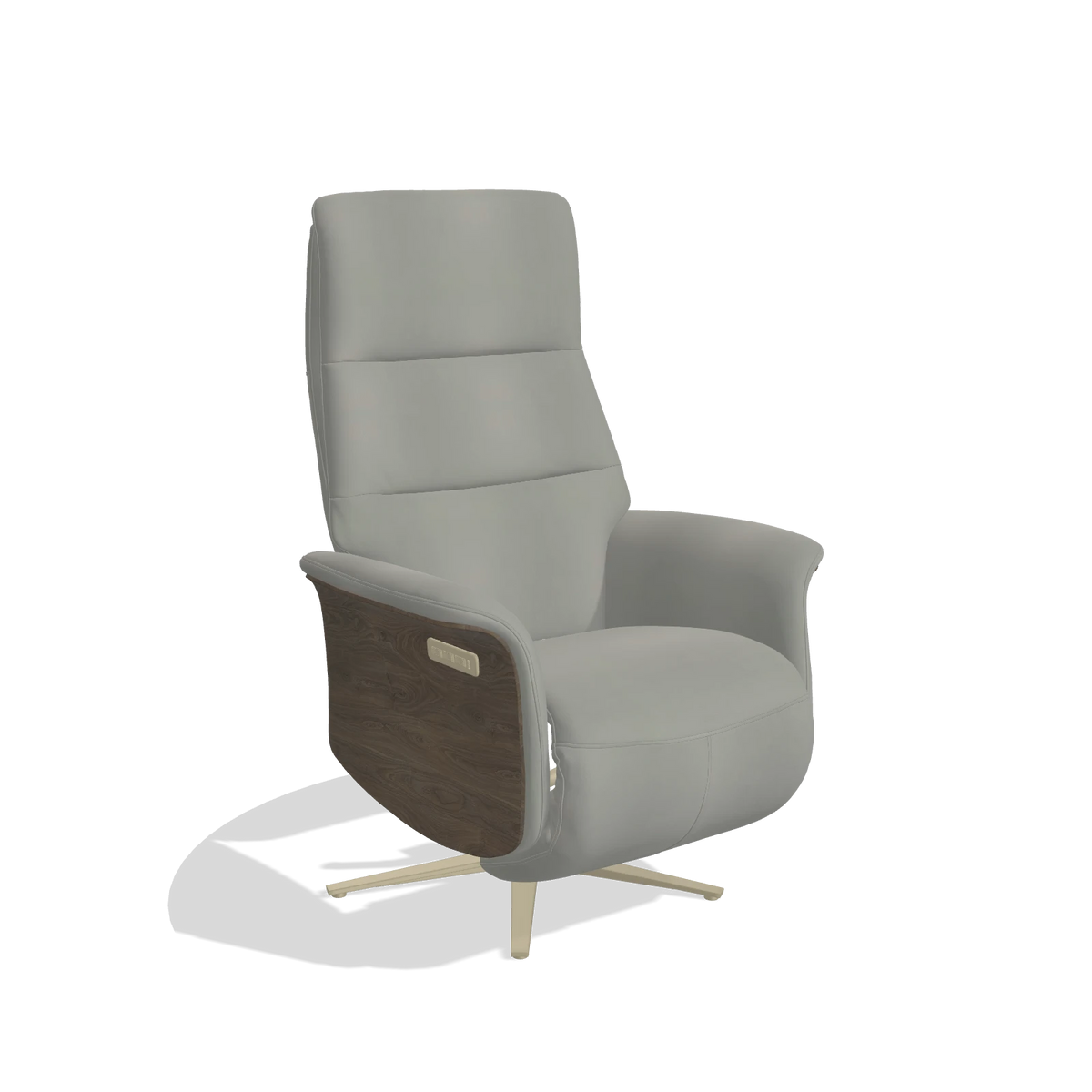 Recliner Atlas 6685 in Leather B967 (greige), walnut wood side panels, champagne metal base, angled view