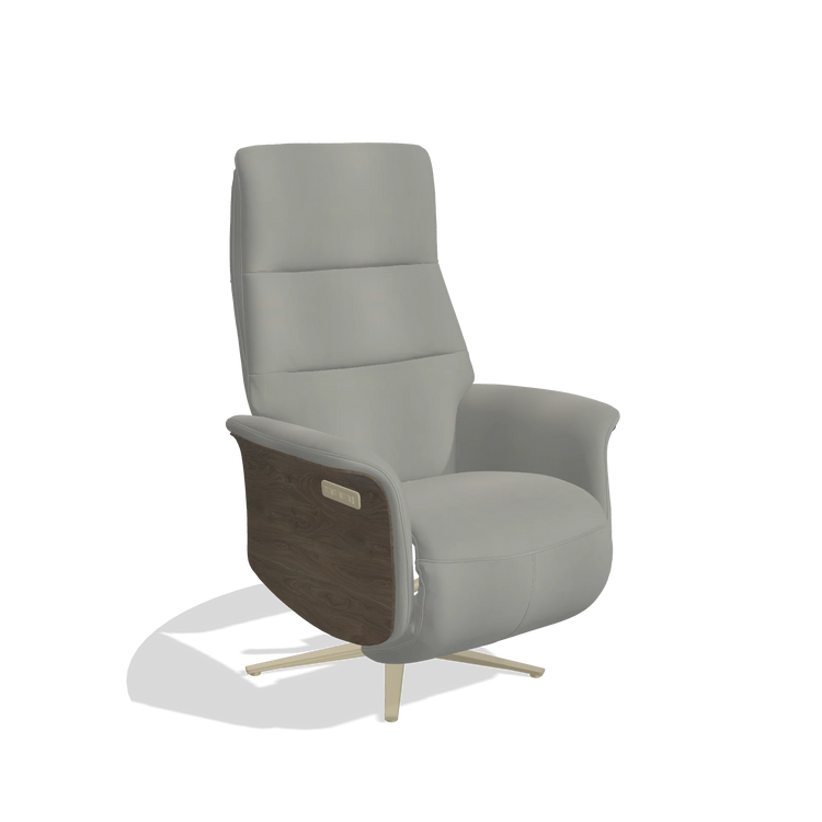 Recliner Atlas 6685 in Leather B967 (greige), walnut wood side panels, champagne metal base, angled view