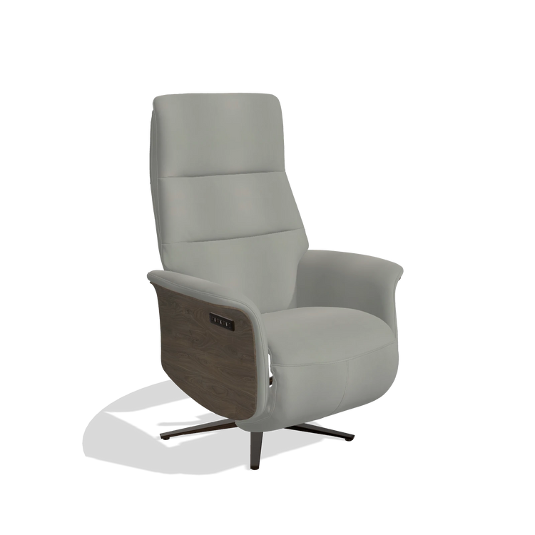 Recliner Atlas 6685 in Leather B967 (greige), walnut wood side panels, espresso metal base, angled view