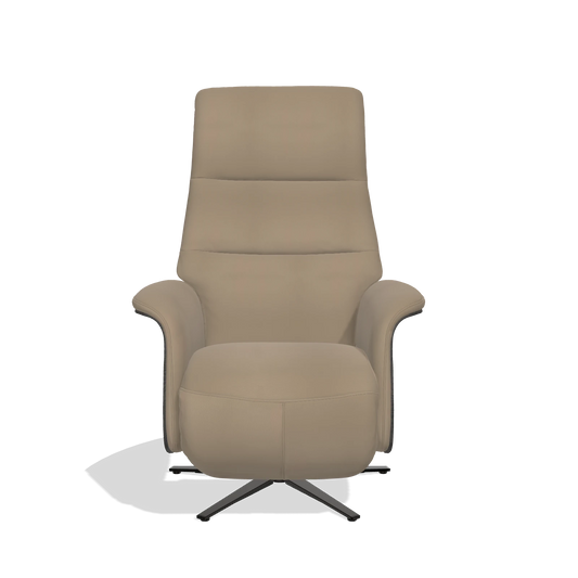 Sillón reclinable Atlas 6685 en Piel B968 (topo), paneles laterales de madera en tabaco, base metálica en negro, vista frontal
