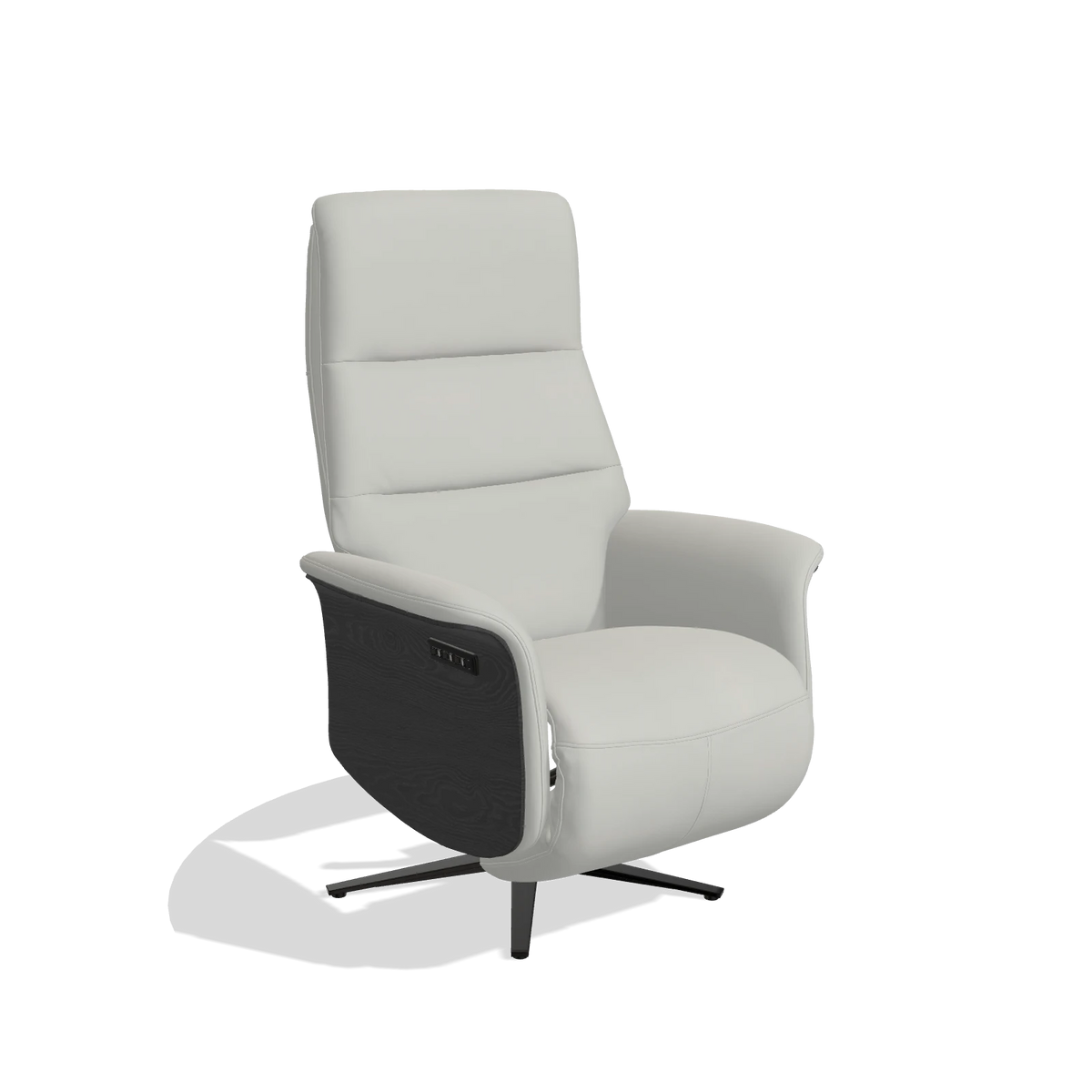 Recliner Atlas 6685 in Leather B970 (light grey), black wood side panels, black metal base, angled view
