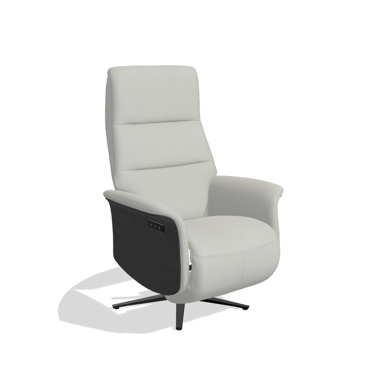 Recliner Atlas 6685 in Leather B970 (light grey), black wood side panels, black metal base, angled view