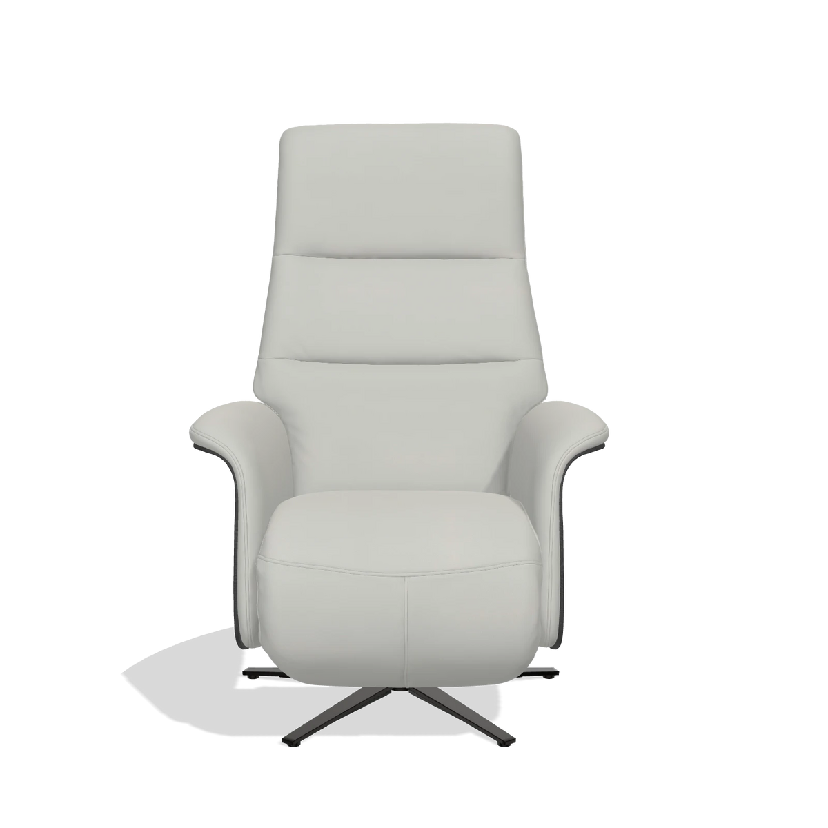 Recliner Atlas 6685 in Leather B970 (light grey), black wood side panels, black metal base, front view