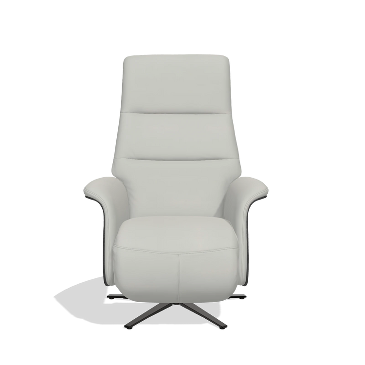 Recliner Atlas 6685 in Leather B970 (light grey), black wood side panels, black metal base, front view