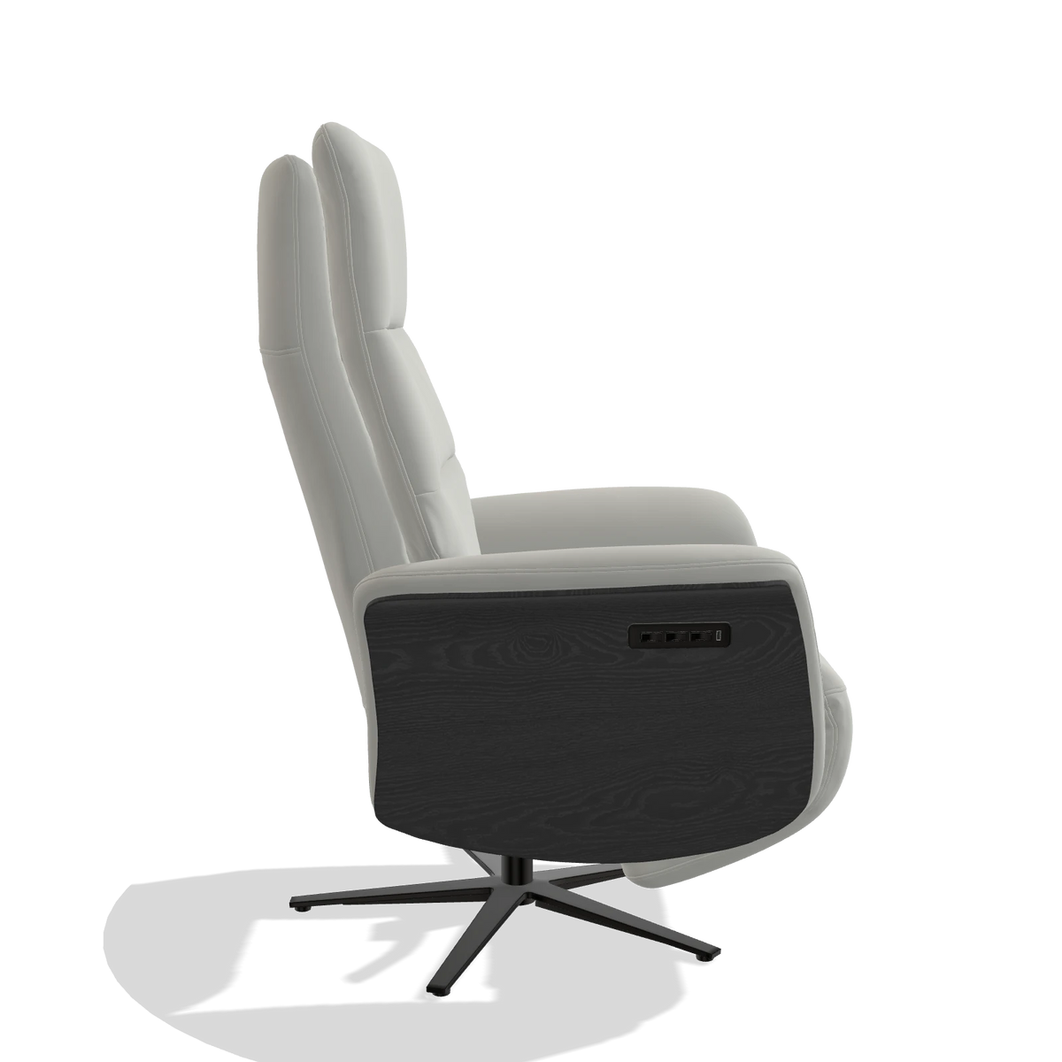 Recliner Atlas 6685 in Leather B970 (light grey), black wood side panels, black metal base, side view