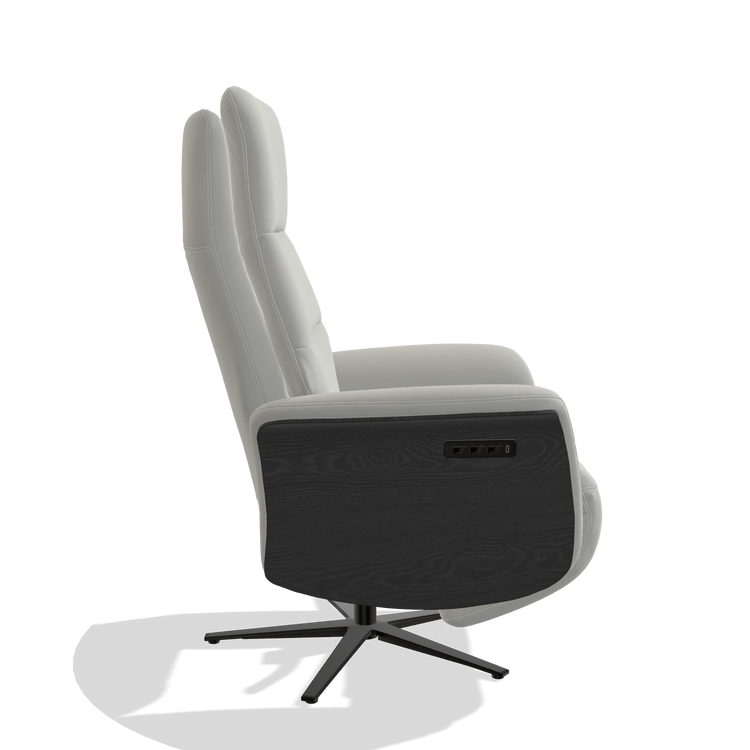 Recliner Atlas 6685 in Leather B970 (light grey), black wood side panels, black metal base, side view