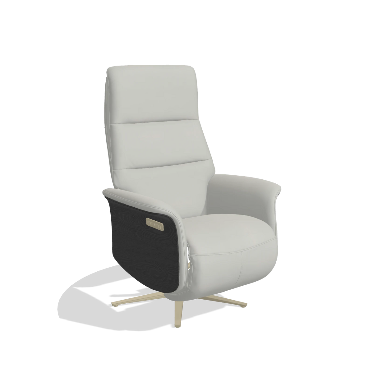Recliner Atlas 6685 in Leather B970 (light grey), black wood side panels, champagne metal base, angled view