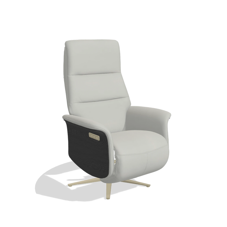 Recliner Atlas 6685 in Leather B970 (light grey), black wood side panels, champagne metal base, angled view