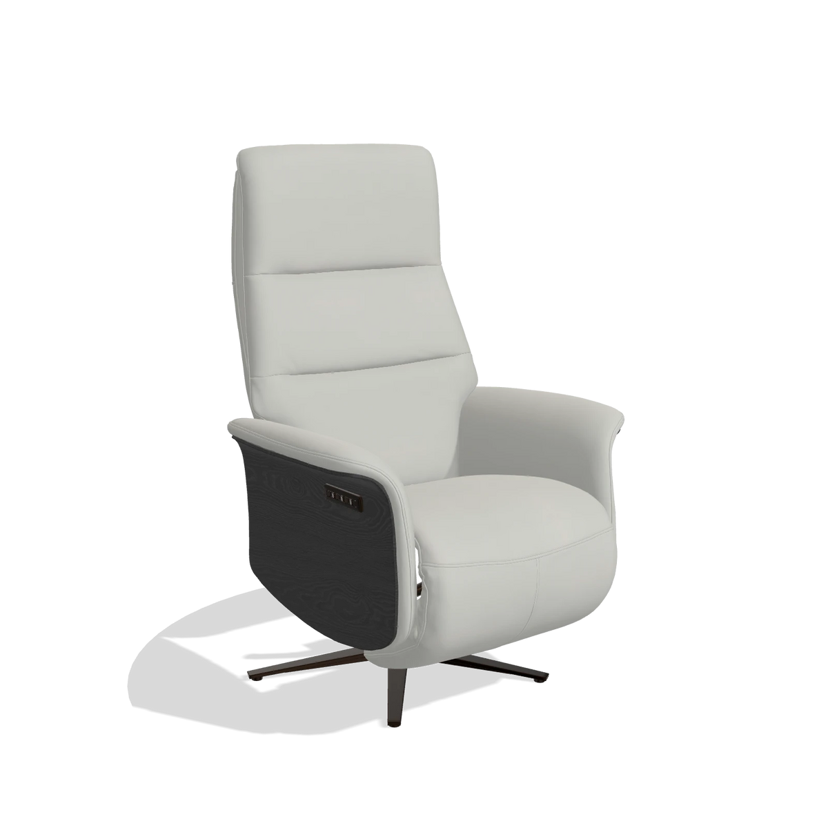 Recliner Atlas 6685 in Leather B970 (light grey), black wood side panels, espresso metal base, angled view