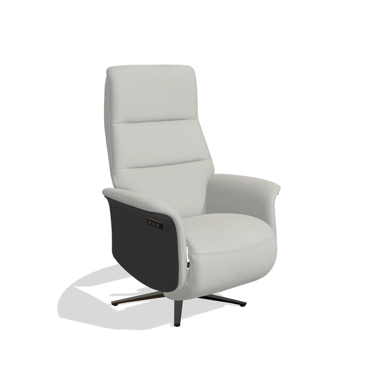 Recliner Atlas 6685 in Leather B970 (light grey), black wood side panels, espresso metal base, angled view