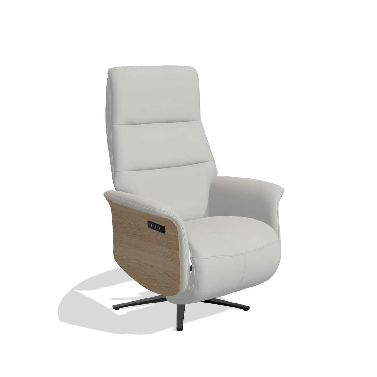 Recliner Atlas 6685 in Leather B970 (light grey), natural wood side panels, black metal base, angled view