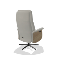 Recliner Atlas 6685 in Leather B970 (light grey), natural wood side panels, black metal base, back angled view
