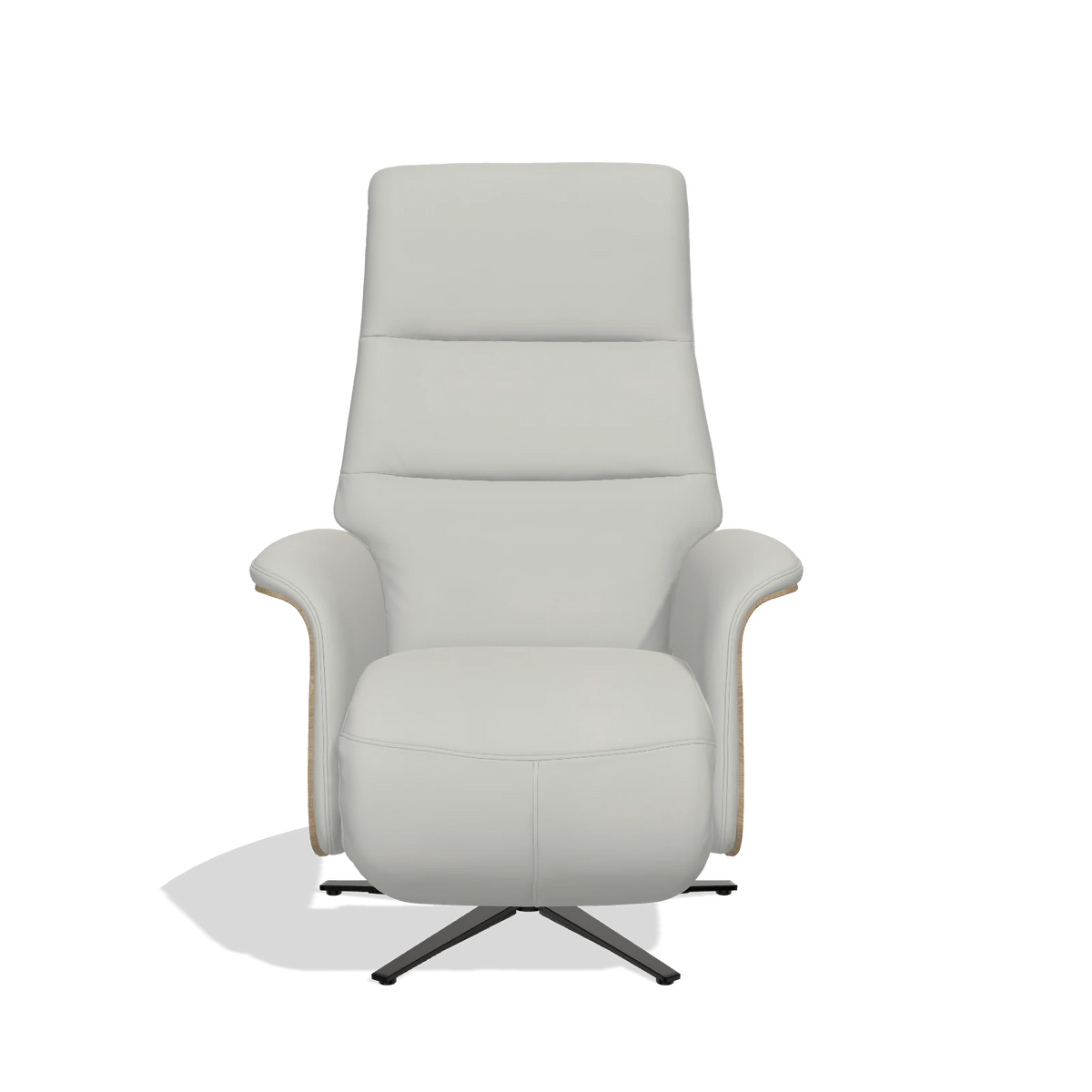 Recliner Atlas 6685 in Leather B970 (light grey), natural wood side panels, black metal base, front view