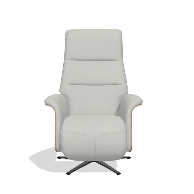 Recliner Atlas 6685 in Leather B970 (light grey), natural wood side panels, black metal base, front view