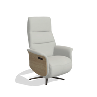 Recliner Atlas 6685 in Leather B970 (light grey), natural wood side panels, espresso metal base, angled view