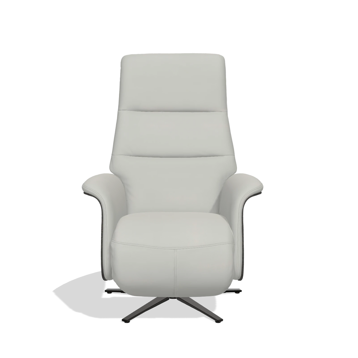 Recliner Atlas 6685 in Leather B970 (light grey), tobacco wood side panels, black metal base, front view