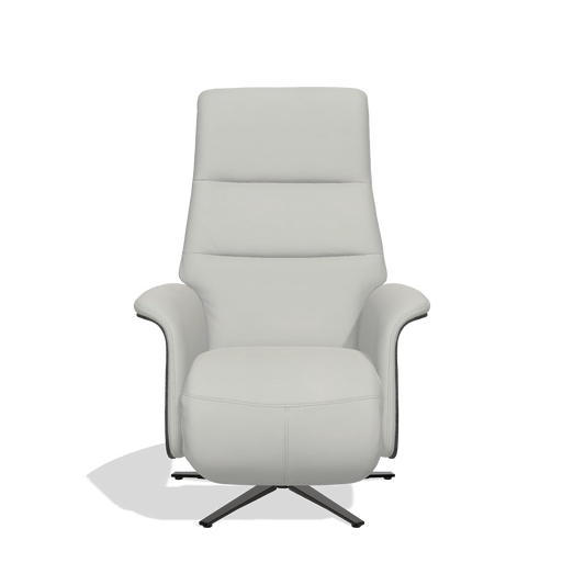 Sillón reclinable Atlas 6685 en Piel B970 (gris claro), paneles laterales de madera en tabaco, base metálica en negro, vista frontal