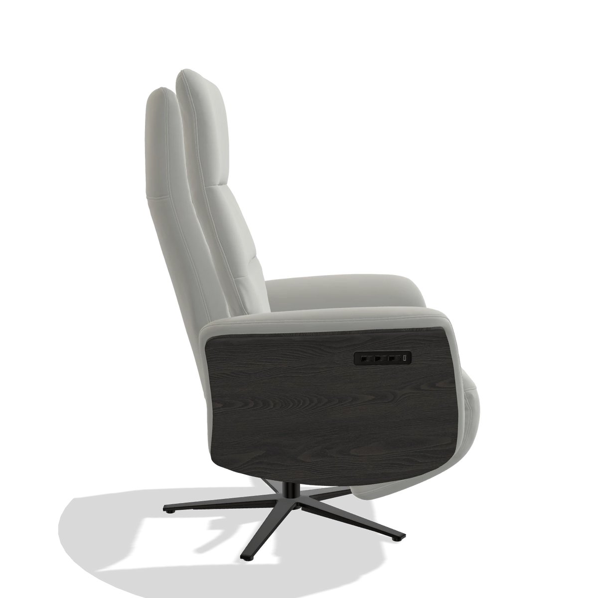 Recliner Atlas 6685 in Leather B970 (light grey), tobacco wood side panels, black metal base, side view