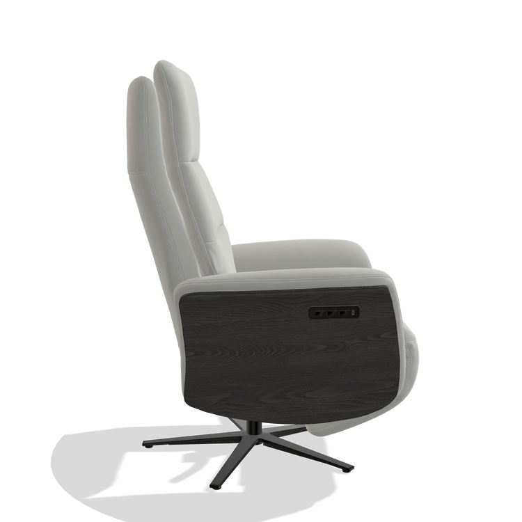 Recliner Atlas 6685 in Leather B970 (light grey), tobacco wood side panels, black metal base, side view