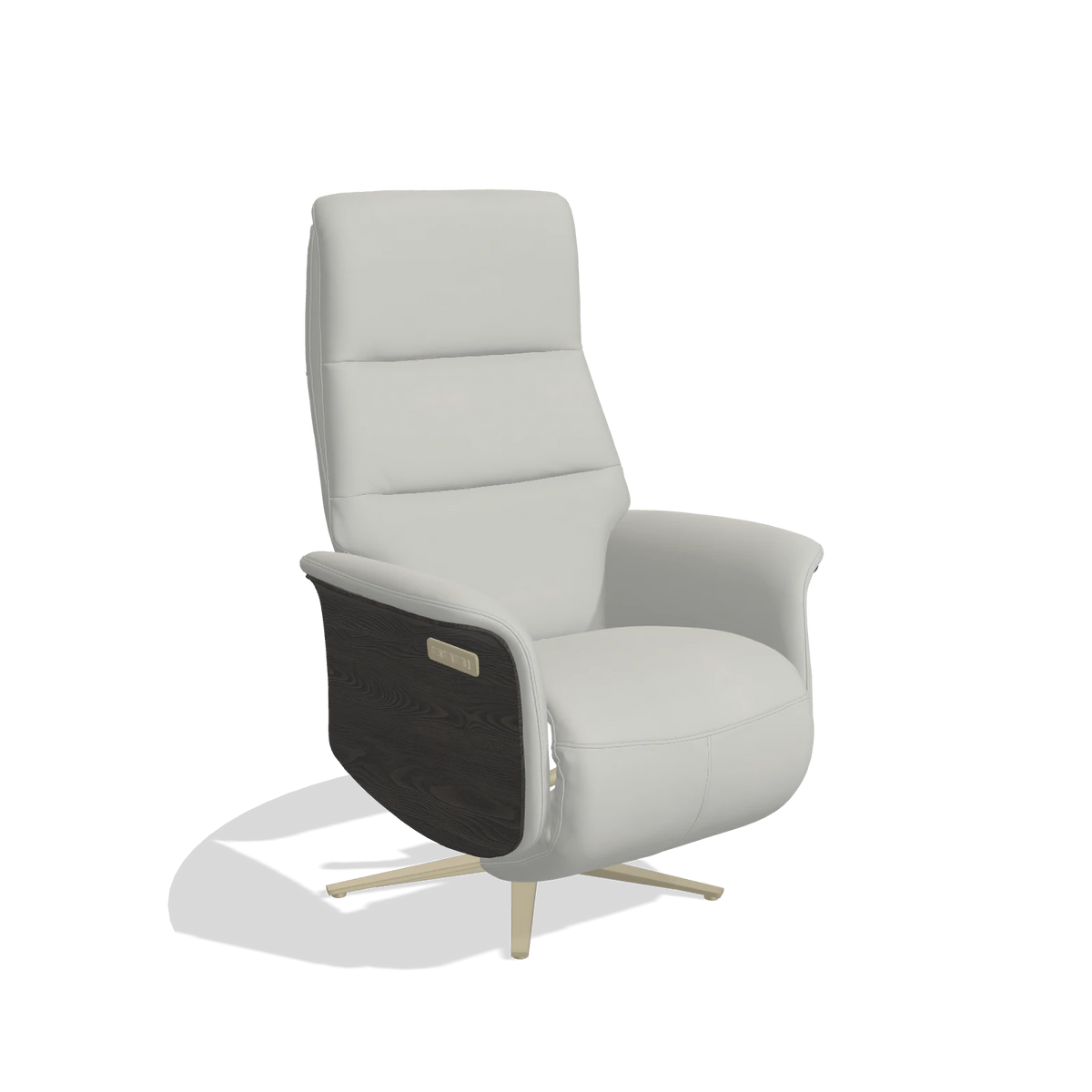 Recliner Atlas 6685 in Leather B970 (light grey), tobacco wood side panels, champagne metal base, angled view