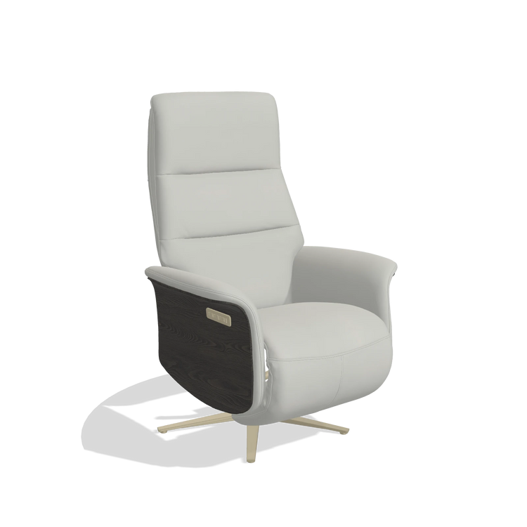 Recliner Atlas 6685 in Leather B970 (light grey), tobacco wood side panels, champagne metal base, angled view