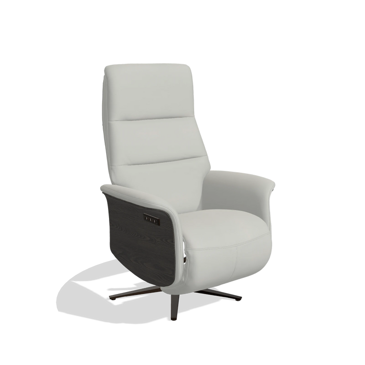 Recliner Atlas 6685 in Leather B970 (light grey), tobacco wood side panels, espresso metal base, angled view