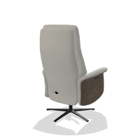 Recliner Atlas 6685 in Leather B970 (light grey), walnut wood side panels, black metal base, back angled view