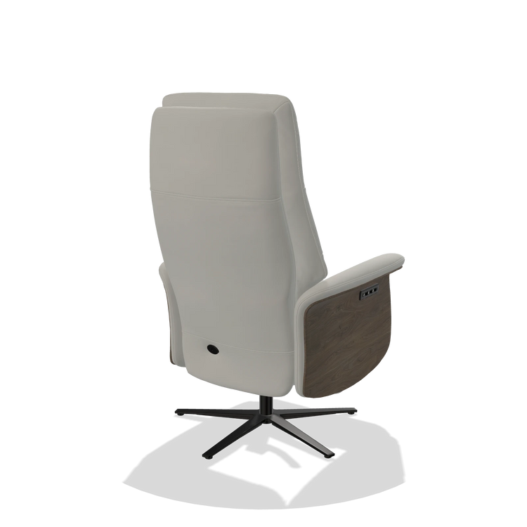 Recliner Atlas 6685 in Leather B970 (light grey), walnut wood side panels, black metal base, back angled view