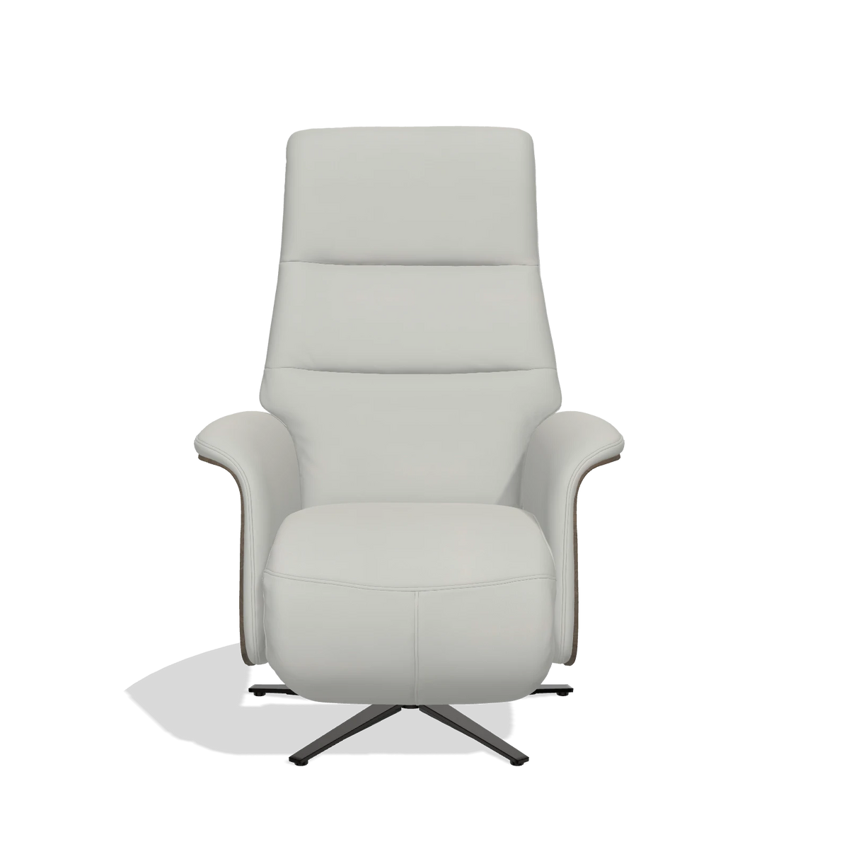 Recliner Atlas 6685 in Leather B970 (light grey), walnut wood side panels, black metal base, front view