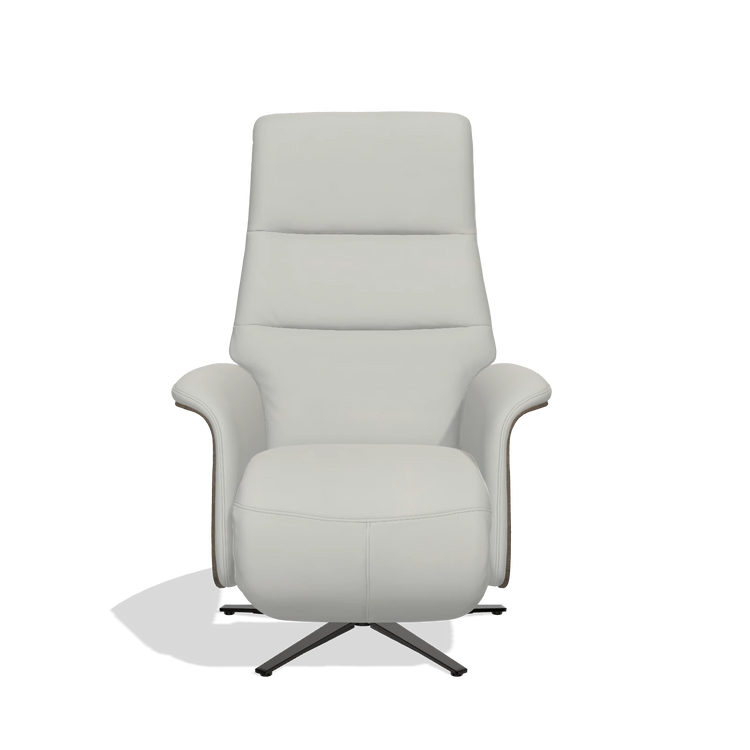 Recliner Atlas 6685 in Leather B970 (light grey), walnut wood side panels, black metal base, front view