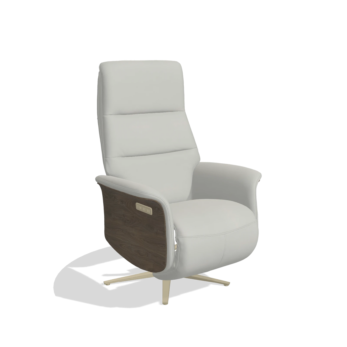 Recliner Atlas 6685 in Leather B970 (light grey), walnut wood side panels, champagne metal base, angled view