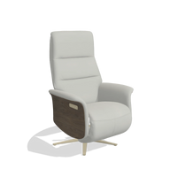 Recliner Atlas 6685 in Leather B970 (light grey), walnut wood side panels, champagne metal base, angled view