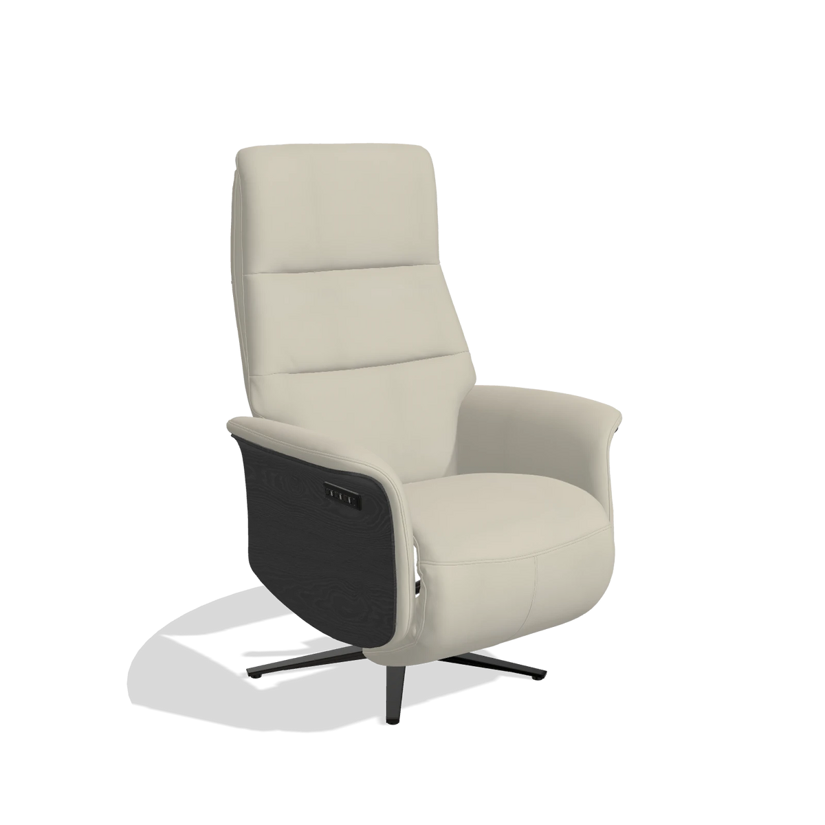 Recliner Atlas 6685 in Leather B971 (light grey), black wood side panels, black metal base, angled view