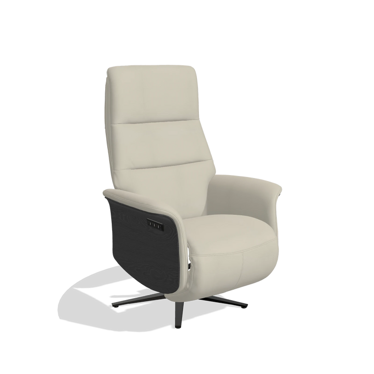 Recliner Atlas 6685 in Leather B971 (light grey), black wood side panels, black metal base, angled view