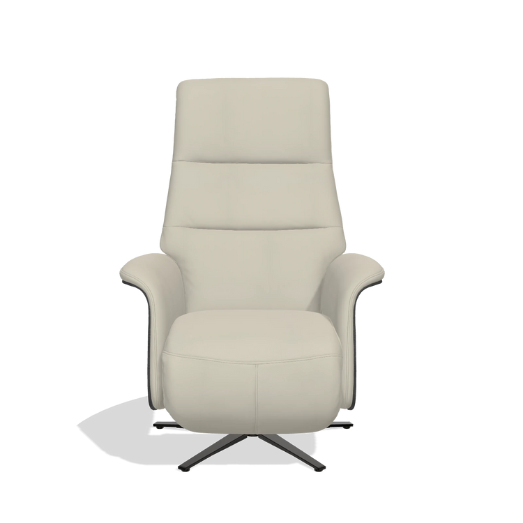 Recliner Atlas 6685 in Leather B971 (light grey), black wood side panels, black metal base, front view